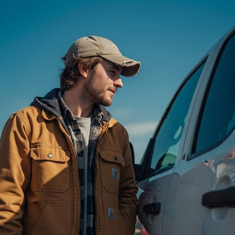 Man looking at a truck contiplating financing it